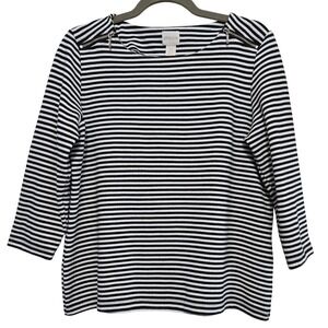 Chicos Coastal Striped Knit Top Black White Zipper Shoulder 3/4 Sleeve Size 0/S